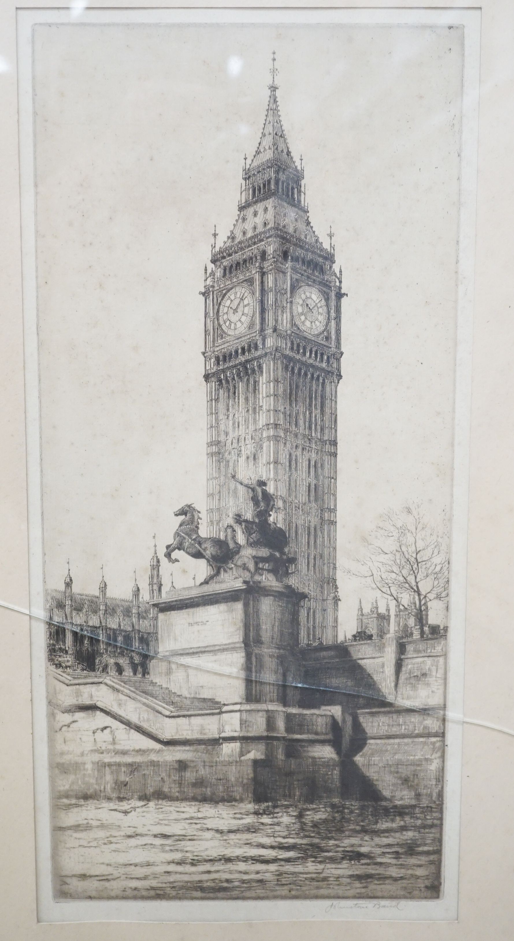 Johnstone Baird (1880-1935), etching, View of Big Ben, signed, 44 x 20cm and a John Goodchild etching, Along the Thames, 22 x 29cm